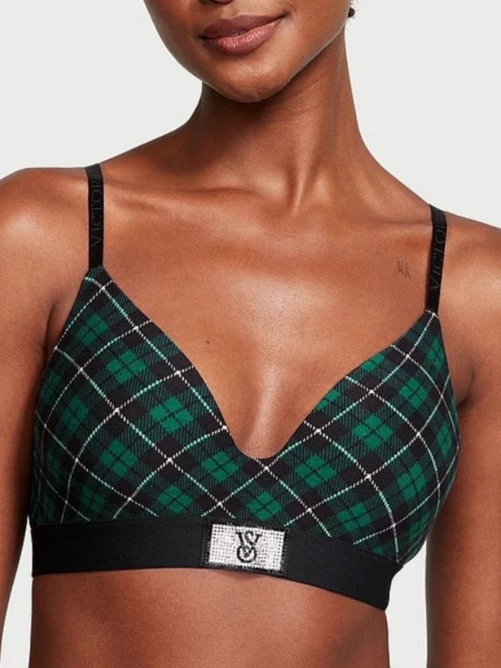 Victoria's Secret Wireless Green Flannel Bra with VS Shine Logo 32 A NWT